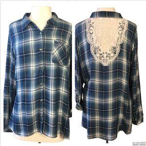 Country Living Long Sleeve Teal Plaid Flannel Shirt Crochet Lace Back Yoke XL